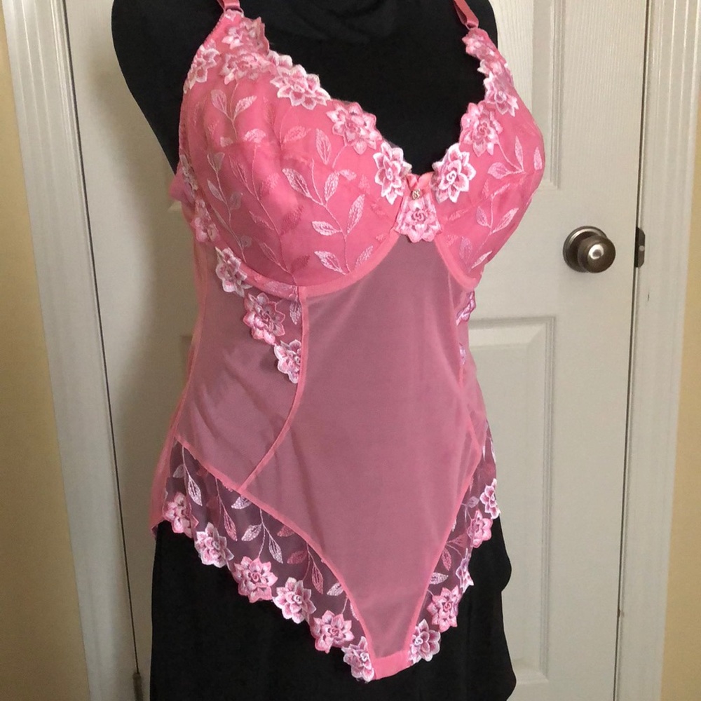 Pink lace & sheer teddy